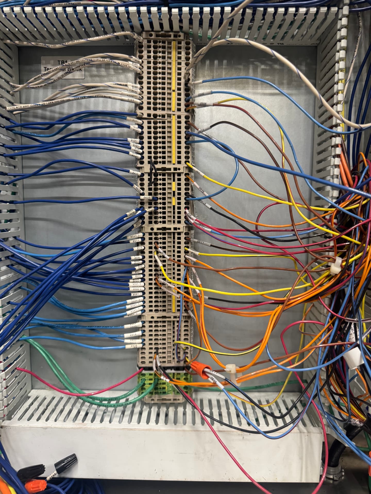 Labeled TB1 terminal block with fully numbered field wiring landed and dressed